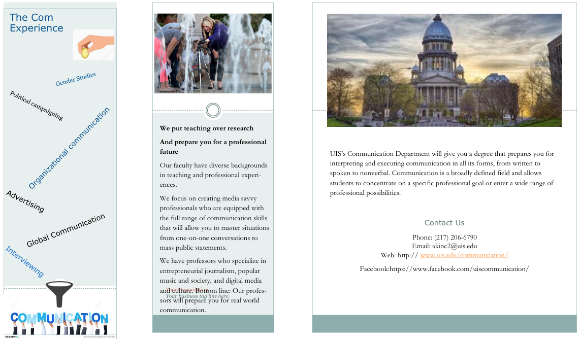 three images with captions below. On the left, a raphic listing different skills you will gain from a communication degree. Middle, a paragragh about department research. Right, I picture of the Illinois State capitol and contact information for advisors.